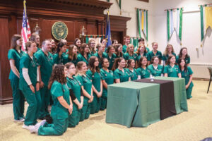 Junior-year nursing students at PSU pose with their new stethoscopes 