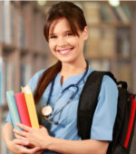 A nurse wearing a backpack and holding books